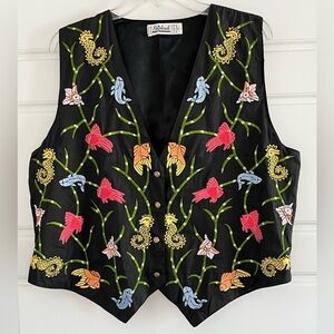 Colorful Embroidered Fish Black Satin Suit Vest Button Front Seahorse Novelty L